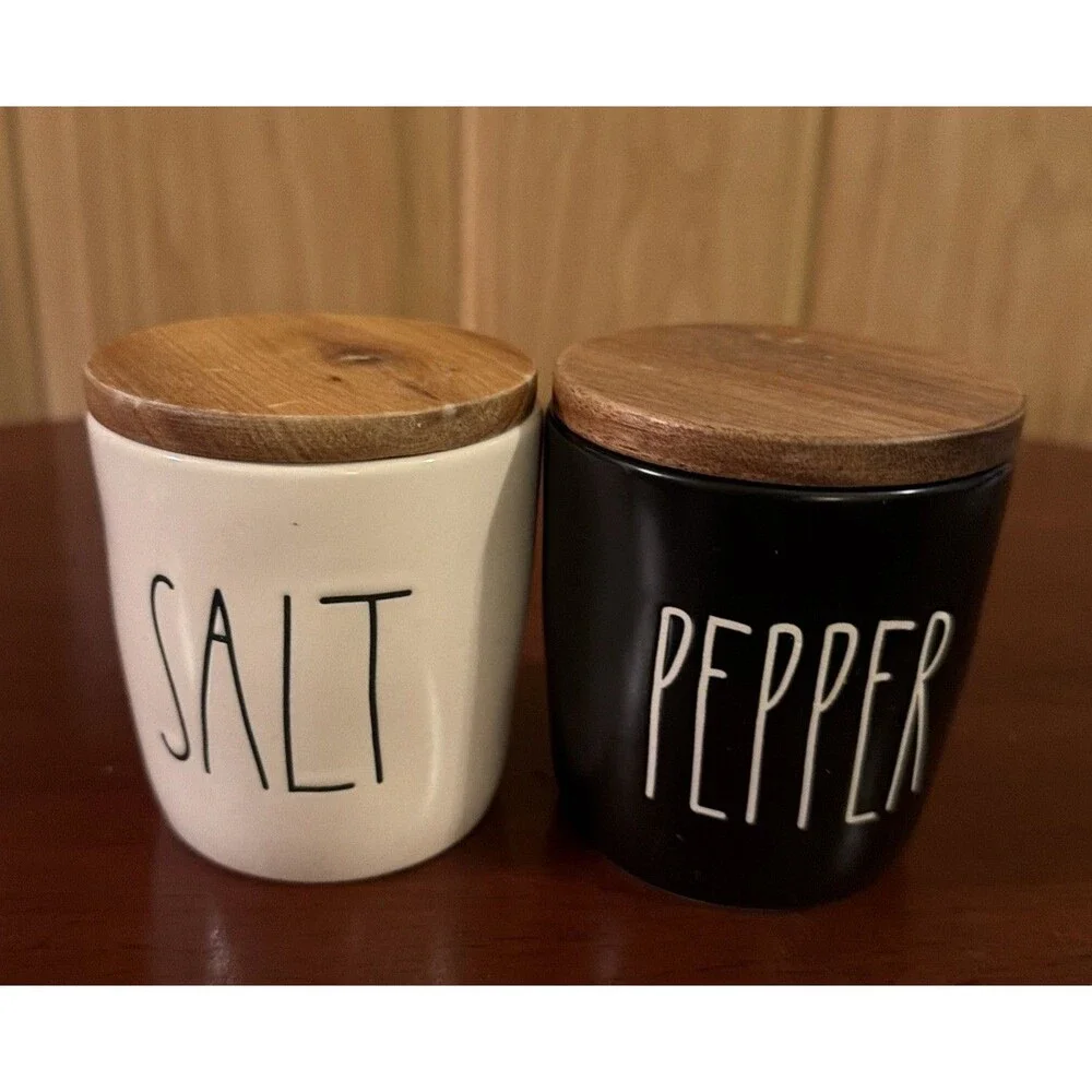 Rae Dunn Salt & Pepper Container Jar Set Ceramic Black & White Wood Lid 3.5